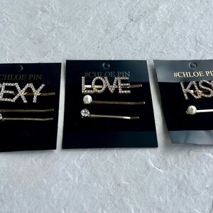 Chloe Pin Rhinestone Hair Bobby Pin Set of 3 in Sexy, Love & Kiss